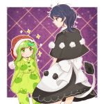  2girls annoyed apron black_skirt blue_eyes blue_hair blush capelet closed_mouth cow_tail doremy_sweet frog_hair_ornament frog_print green_eyes green_hair hair_ornament hat kochiya_sanae looking_at_another messy_hair multiple_girls nightcap pajamas pom_pom_(clothes) profile skirt smile sparkle standing tail tama_(hiroshige_36) tapir_tail touhou younger 