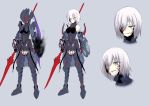  1girl armor berserker_(fate/zero) berserker_(fate/zero)_(cosplay) berserker_(fate/zero)_cosplay bodysuit character_sheet cosplay dark_persona fate/grand_order fate/zero fate_(series) hair_over_one_eye ogawa_shou polearm shielder_(fate/grand_order) spear weapon white_hair yellow_eyes 