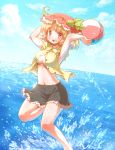  1girl aki_minoriko arinu armpits arms_up ball beachball black_skirt blonde_hair breasts food fruit grapes hair_ornament hat highres leaf_hair_ornament looking_at_viewer midriff miniskirt navel open_mouth redhead shirt skirt sleeveless sleeveless_shirt solo splashing touhou under_boob water 