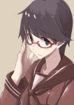  1girl adjusting_glasses bangs bespectacled black_eyes black_hair glasses hand_on_glasses kamukamu_(ars) kantai_collection long_sleeves looking_at_viewer mogami_(kantai_collection) red-framed_eyewear school_uniform semi-rimless_glasses serafuku short_hair simple_background solo swept_bangs under-rim_glasses 