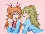  2girls blue_eyes brown_hair cake eating food food_on_face from_side hair_bobbles hair_ornament hair_ribbon houjou_hibiki kazuma_muramasa minamino_kanade multiple_girls pink_background ponytail precure profile red_ribbon ribbon school_uniform simple_background slice_of_cake suite_precure tongue tongue_out two_side_up 