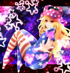  1girl american_flag_legwear american_flag_shirt arano_oki blonde_hair closed_mouth clownpiece full_body hat heart jester_cap long_hair looking_at_viewer outstretched_arm pantyhose polka_dot red_eyes shirt short_sleeves smile solo star star_print striped touhou 