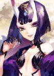  1girl artist_name bangs bare_shoulders breasts demon_girl eyebrows eyeshadow fang fate/grand_order fate_(series) hair_ornament hg0524 hg_(pixiv16108795) horns jewelry makeup midriff oni oni_horns purple_hair short_eyebrows short_hair shuten_douji_(fate/grand_order) small_breasts solo thick_eyebrows tongue tongue_out violet_eyes 