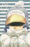  1boy artist_request earflap_hat hat hat_over_eyes hat_pompom heart_pirates jolly_roger one_piece penguin_(one_piece) pom_pom_(clothes) source_request striped_background 