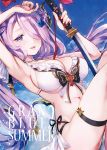  1girl arm_up armpits bikini blue_eyes breasts cleavage demon_horns doraf frills garter_straps granblue_fantasy hair_ornament hair_over_one_eye horns katana large_breasts lavender_hair lips long_hair looking_at_viewer low-tied_long_hair namanie narumeia_(granblue_fantasy) navel open_mouth parted_lips solo swimsuit sword tied_hair weapon white_bikini 