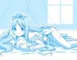  1girl blue blush choker cure_marine from_side gloves hand_on_own_cheek heartcatch_precure! kazuma_muramasa light_smile long_hair lying magical_girl monochrome on_stomach pillow pouch precure smile solo thigh-highs thighs very_long_hair wrist_flower 