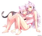  2girls :d aken animal_ears ass breasts cat_ears cat_tail cleavage covered_navel elsword feet heart heart-shaped_pupils long_hair looking_at_viewer multiple_girls one-piece_swimsuit open_mouth pink_hair purple_hair simple_background sitting smile swimsuit symbol-shaped_pupils tail white_background yellow_eyes 