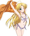  1girl ahoge asia_argento bikini blonde_hair breasts cleavage erect_nipples extraction frilled_bikini frills green_eyes high_school_dxd highres long_hair looking_at_viewer navel one_eye_closed solo swimsuit transparent_background white_bikini 