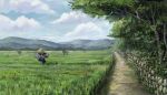  clouds grass mountain no_humans original rice_paddy road scarecrow scenery sky stone_wall tree wall yukimakota 