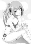  1girl bare_shoulders bikini blush collarbone fingernails flower front-tie_top greyscale hair_flower hair_ornament hair_ribbon hands_together highres kantai_collection kasumi_(kantai_collection) long_fingernails long_hair looking_at_viewer monochrome ribbon side_ponytail sitting smile solo swimsuit yuuki_kazuhito 