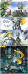  4koma blonde_hair blue_eyes bokoblin comic doll english fang green_clothes green_hat hand_to_own_mouth hat hat_over_one_eye highres jam link mannequin mask midna pointing prehensile_hair shield stuffed_animal stuffed_toy stuffing stup-jam sword tail_wagging the_legend_of_zelda weapon wolf yandere zelda_musou 
