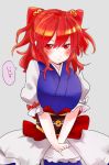  1girl blush blush_stickers breasts coin grey_background hair_bobbles hair_ornament hands_on_lap hands_together highres japanese_clothes large_breasts looking_at_viewer mappe_(778exceed) obi onozuka_komachi pout puffy_sleeves red_eyes redhead sash short_hair short_twintails sketch solo touhou twintails two_side_up 