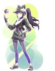  10s 1girl black_gloves black_hair blake_belladonna cosplay female_protagonist_(pokemon_go) fingerless_gloves full_body gloves hand_on_hip hat iesupa leggings legs long_hair long_ponytail looking_at_viewer open_mouth pantyhose poke_ball pokemon pokemon_(game) pokemon_go ponytail purple_legwear rwby shorts solo standing yellow_eyes 