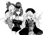  3girls american_flag_legwear american_flag_shirt bare_shoulders black_dress breasts chains chinese_clothes cleavage closed_mouth clothes_writing clownpiece collar crescent dress greyscale hat hecatia_lapislazuli hisona_(suaritesumi) jester_cap junko_(touhou) long_hair long_sleeves medium_breasts monochrome multiple_girls neck_ruff off-shoulder_shirt pantyhose parted_lips polka_dot polos_crown shirt simple_background smile star star_print striped t-shirt tabard touhou very_long_hair white_background 