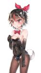  1girl black_hair bow bowtie bunny_girl bunny_tail bunnysuit detached_collar elbow_gloves gloves horns kijin_seija multicolored_hair pantyhose re-ka red_eyes short_hair slit_pupils standing streaked_hair tail touhou 