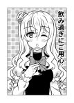  1girl ;o alcohol amasawa_natsuhisa blush breasts corset cup drinking_glass female hair_between_eyes hat kantai_collection large_breasts long_hair looking_at_viewer mini_hat monochrome one_eye_closed pola_(kantai_collection) solo translation_request upper_body wavy_hair wine wine_glass 