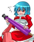  &gt;:o /\/\/\ 1girl :o alternate_costume blue_eyes blue_hair blush closed_umbrella cowboy_shot crop_top crop_top_overhang fur_trim groin heterochromia juliet_sleeves karakasa_obake katsumi5o long_sleeves looking_at_viewer navel open_mouth puffy_sleeves red_eyes red_skirt santa_costume short_hair skirt solo sweat tatara_kogasa tongue touhou umbrella 