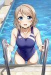  1girl :d blue_eyes blush breasts brown_hair collarbone competition_swimsuit covered_navel eyebrows eyebrows_visible_through_hair looking_at_viewer love_live! love_live!_sunshine!! medium_breasts one-piece_swimsuit open_mouth pool pool_ladder poolside smile solo suzume_miku swimsuit teeth wading watanabe_you water wet 
