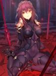  1girl absurdres bodysuit breasts covered_navel fate/grand_order fate_(series) gae_bolg highres large_breasts long_hair looking_at_viewer pauldrons polearm purple_hair red_eyes scathach_(fate/grand_order) sitting solo spear veil very_long_hair weapon yang-do 