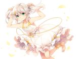  1girl barefoot dress frilled_dress frills full_body green_eyes grey_hair holding holding_hair looking_at_viewer personification shinia smile white_background white_dress 