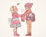  1boy 1girl artist_request backpack blonde_hair boots bow brother_and_sister dress earmuffs fur_trim hat one_piece sanji scarf siblings source_request sweater vinsmoke_family vinsmoke_reiju younger 