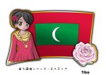  1girl black_hair flag flower hair_flower maldives_(country) murakami_senami pink_rose rose 