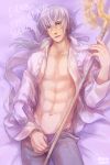  1boy abs artist_name bed_sheet blush dakimakura english fire_emblem fire_emblem_if grey_hair hasuyawn joker_(fire_emblem_if) juliet_sleeves long_hair long_sleeves low_ponytail lying male_focus muscle navel on_back open_clothes open_shirt parted_lips puffy_sleeves shirt smile solo staff undressing unzipped violet_eyes 