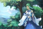  1girl blouse breasts closed_umbrella clouds detached_sleeves forest frog_hair_ornament gohei green_eyes green_hair hair_ornament hair_tubes highres jiliang_ji_ying kochiya_sanae light_smile mountain nature skirt sky snake_hair_ornament touhou umbrella wide_sleeves 