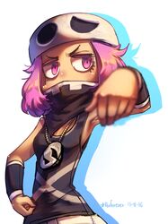  10s 1girl armpits artist_name bandanna dated hat highres jewelry necklace npc_trainer pink_eyes pink_hair pokemon pokemon_(game) pokemon_sm porforever pose simple_background sitting solo star team_skull team_skull_grunt white_background 