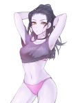  1girl arms_behind_head bikini bikini_under_clothes black_hair breasts earrings jewelry long_hair looking_at_viewer navel overwatch panza ponytail purple_skin shirt simple_background solo swimsuit swimsuit_under_clothes t-shirt widowmaker_(overwatch) yellow_eyes 