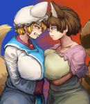  2girls animal_ears blue_background blush breast_press breasts brown_eyes brown_hair chanta_(ayatakaoisii) clenched_teeth collarbone confrontation cowboy_shot dress extra_ears face-to-face fox_tail from_side futatsuiwa_mamizou glasses hat highres huge_breasts multiple_girls pillow_hat plump raccoon_ears raccoon_tail red_background short_hair short_sleeves symmetrical_docking tabard tail teeth touhou two-tone_background white_dress yakumo_ran yellow_eyes 