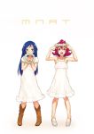  2girls aida_mana armpits blue_eyes blue_hair boots braid brown_boots covered_mouth dokidoki!_precure dress flipped_hair flower half_updo hands_on_own_head head_wreath hishikawa_rikka holding kazuma_muramasa long_hair multiple_girls ponytail precure puffy_short_sleeves puffy_sleeves red_eyes redhead sandals short_sleeves simple_background sundress white_background white_dress 