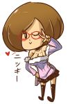  &lt;3 1girl artist_request blush breasts brown_hair cleavage female full_body glasses looking_at_viewer nikki_(swapnote) simple_background skirt solo swapnote translation_request v white_background winking 