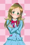  1girl 3:&lt; bow bowtie brown_hair checkered checkered_background crossed_arms green_eyes hair_bobbles hair_ornament kazuma_muramasa minamino_kanade pink_background ponytail precure red_bow red_bowtie solo suite_precure sweatdrop 