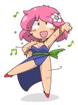  1girl bare_shoulders blush breasts cleavage dancer final_fantasy final_fantasy_v flower green_eyes hair_flower hair_ornament highres jewelry kuto_tubuyaki large_breasts leg_up lenna_charlotte_tycoon necklace open_mouth pink_hair short_hair smile solo spinning 