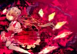  1girl abstract_background ascot bangs blonde_hair bow crystal flandre_scarlet frilled_skirt frills hair_between_eyes hat hat_bow hat_ribbon looking_at_viewer mirimo mob_cap puffy_short_sleeves puffy_sleeves red_eyes red_skirt ribbon shirt short_hair short_sleeves side_ponytail skirt skirt_set solo touhou wings 