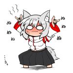  &gt;:( 1girl \m/ animal_ears arms_up black_skirt blush bridal_gauntlets chibi detached_sleeves embarrassed female flat_color full-face_blush full_body inubashiri_momiji katsumi5o looking_at_viewer no_hat no_headwear pose short_hair silver_hair skirt solid_circle_eyes solo sweat touhou wavy_mouth white_background wolf_ears 