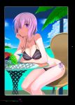  1girl apple bare_shoulders bikini black_bikini border bracelet breasts cleavage clouds collarbone fate/grand_order fate_(series) food fruit glass_table grapes hair_over_one_eye island jewelry large_breasts looking_at_viewer parted_lips pear pink_hair shielder_(fate/grand_order) shirotsumekusa short_hair side-tie_bikini sitting sky solo swimsuit table violet_eyes water 