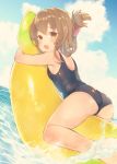  1girl :o ass banana_boat bare_legs bare_shoulders barefoot black_swimsuit blush breasts brown_eyes brown_hair day folded_ponytail from_behind inazuma_(kantai_collection) kantai_collection looking_at_viewer looking_back object_hug ocean one-piece_swimsuit open_mouth outdoors school_swimsuit short_hair sideboob small_breasts solo splashing suzuho_hotaru swimsuit water 