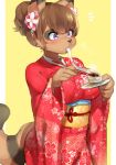 1girl breasts brown_hair copyright_request eating female flower furry japanese_clothes plant raccoon short_hair solo suurin_(ksyaro) violet_eyes 
