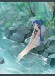  1girl bangs bare_arms blue_eyes blue_hair blush eyebrows forest full_body hands_on_legs hands_on_own_thighs jewelry kantai_collection letterboxed long_hair looking_at_viewer nature neckerchief no_gloves oge_(ogeogeoge) outdoors ring river rock samidare_(kantai_collection) school_uniform serafuku sitting skirt sleeveless smile soaking_feet solo tree very_long_hair wedding_band white_skirt 