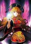  1girl artist_name blonde_hair chinese_clothes egawa_satsuki energy_ball hat junko_(touhou) long_hair open_mouth red_eyes solo tabard touhou wide_sleeves 