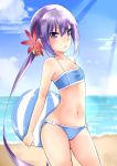  1girl absurdres akebono_(kantai_collection) ball beach beachball bell bikini flower hair_bell hair_flower hair_ornament highres jingle_bell kantai_collection logical purple_hair side_ponytail solo standing swimsuit violet_eyes 