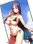  1girl bare_shoulders bikini black_bikini breasts cleavage fate/grand_order fate_(series) groin highres hips large_breasts long_hair looking_at_viewer minamoto_no_yorimitsu_(fate/grand_order) navel nirai_kanai purple_hair side-tie_bikini smile solo swimsuit thighs tied_hair very_long_hair violet_eyes 