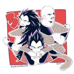  3boys armor back-to-back bald cape clenched_hand crossed_arms dragon_ball dragon_ball_z dragonball_z facial_hair gloves grin hashtag long_hair looking_back male_focus monkey_tail multiple_boys muscle mustache nappa partially_colored raditz rochiko_(bgl6751010) shoulder_armor smile spiky_hair tail vegeta white_background 