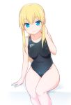  1girl arm_support blonde_hair blue_eyes breasts competition_swimsuit covered_navel fitness_(manga) looking_at_viewer low_ponytail medium_breasts one-piece_swimsuit simple_background sitting smile solo stroma swimsuit 