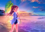  1girl bad_anatomy beach blue_eyes blush brown_hair carrying city clouds commentary_request highres hood hoodie leaf long_hair looking_at_viewer ocean one-piece_swimsuit open_clothes open_hoodie open_mouth original outdoors sand scenery school_swimsuit sky smile solo sunlight sunset swimsuit takoyaki_(roast) water 