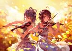  2girls ahoge bare_shoulders braid character_request closed_eyes collarbone dress feng_you flower flower_wreath hair_flower hair_ornament instrument long_hair luo_tianyi multiple_girls music petals playing_instrument single_braid violin vocaloid vocanese yuezheng_ling 