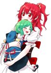  2girls :d blouse blush blush_stickers carrying closed_eyes cowboy_shot green_hair hair_bobbles hair_ornament hat hat_removed headwear_removed highres hug japanese_clothes looking_at_another mappe_(778exceed) multiple_girls obi onozuka_komachi open_mouth puffy_short_sleeves puffy_sleeves red_eyes sash shiki_eiki shoes short_hair short_sleeves sketch skirt smile socks touhou twintails two_side_up vest white_background younger 