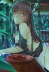  1girl animal_ears bamboo bamboo_forest bare_shoulders bottomless breast_rest breasts brooch brown_hair forest from_side highres huge_breasts imaizumi_kagerou jewelry light_smile long_hair looking_at_viewer nature red_eyes sakazuki sideboob solo touhou wolf_ears xuanlin_jingshuang 